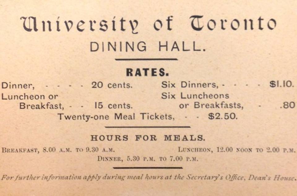 Card listing "University of Toronto DINING HALL RATES"