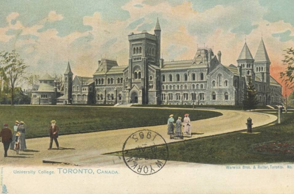 Early colour postcard showing front of University College, lawn, and pathway with pedestrians
