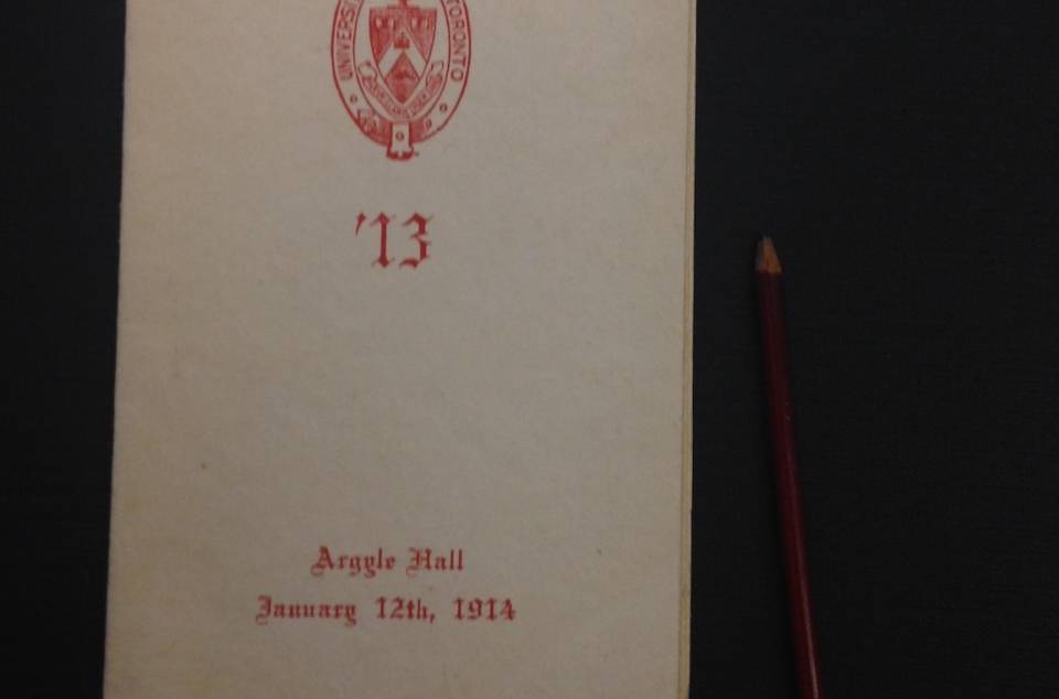 Front cover of a dance card with University College logo and the words "Argyle Hall, January 12th, 1914"