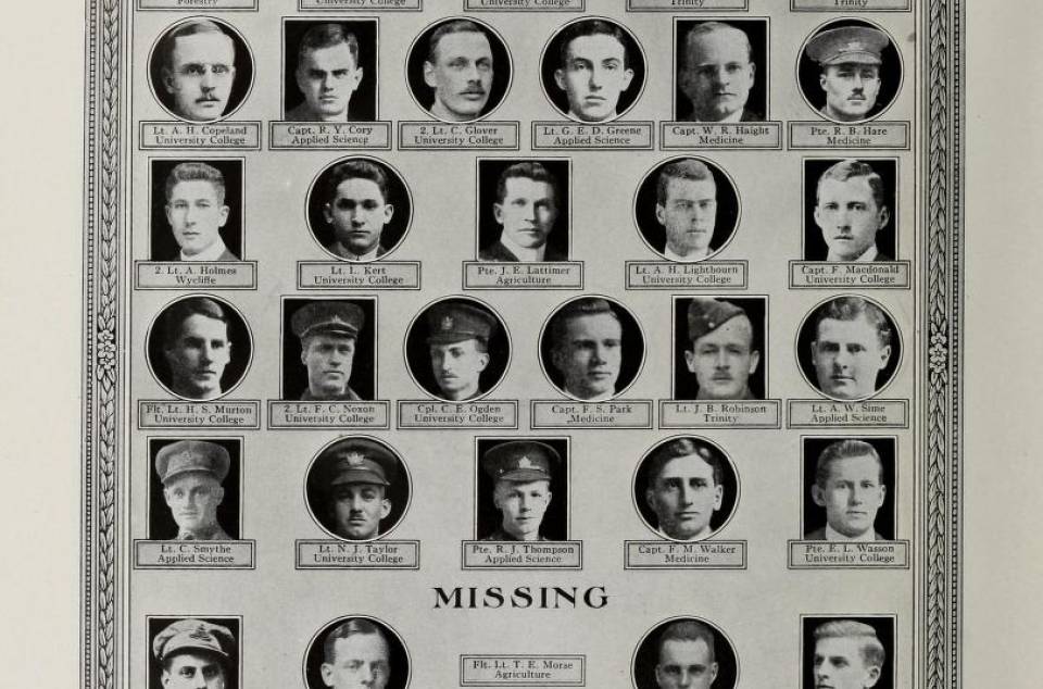 Names and photos of 27 men under the heading "Prisoners" and of 9 men under the heading "Missing"