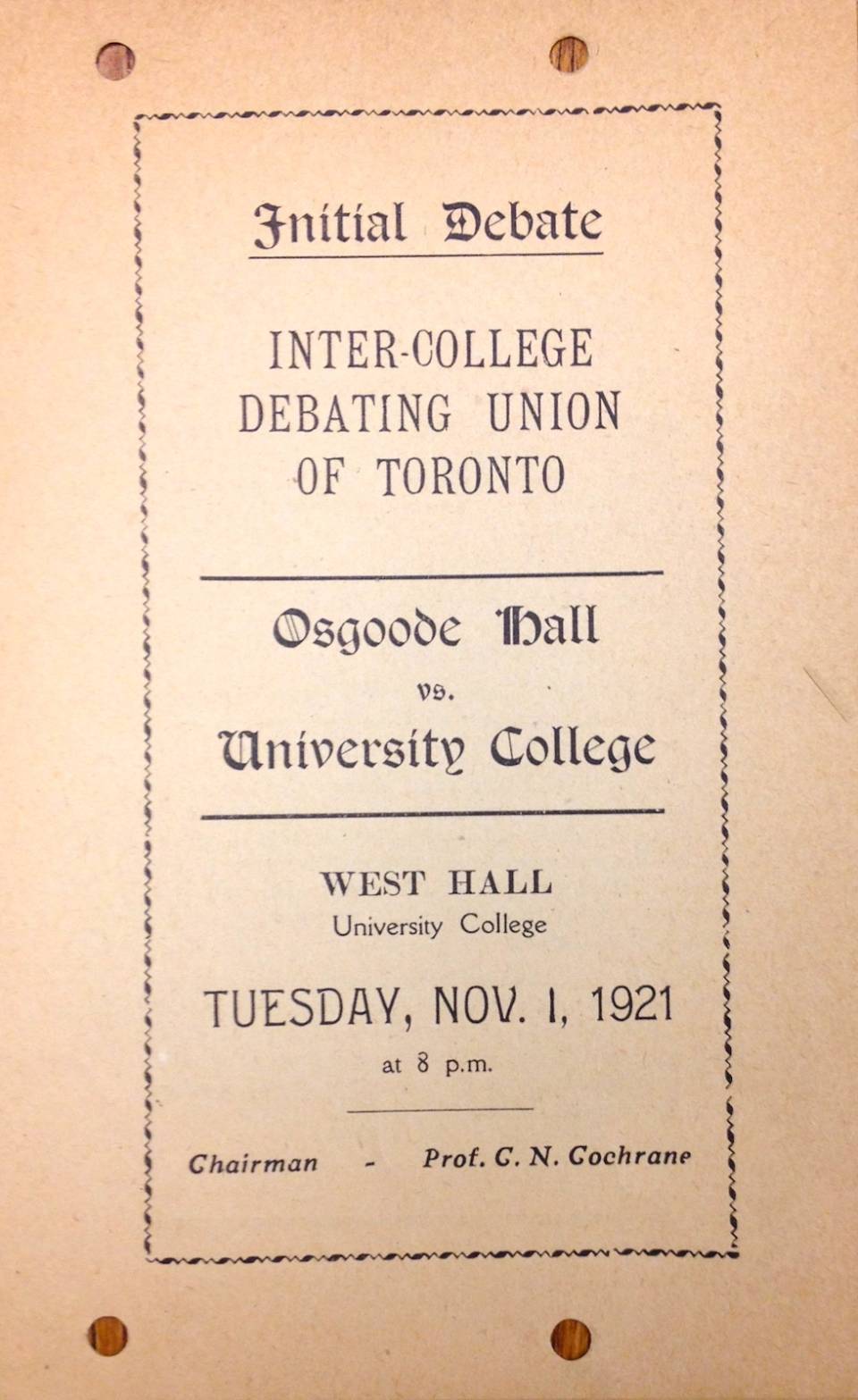 Flyer headed "Initial Debate, Inter-College Debating Union of Toronto"