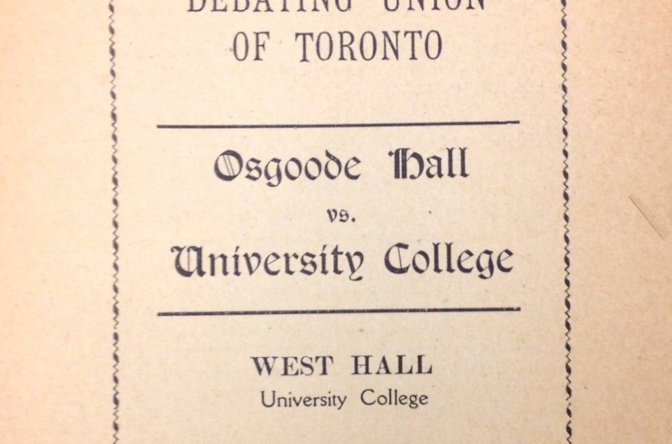 Flyer headed "Initial Debate, Inter-College Debating Union of Toronto"