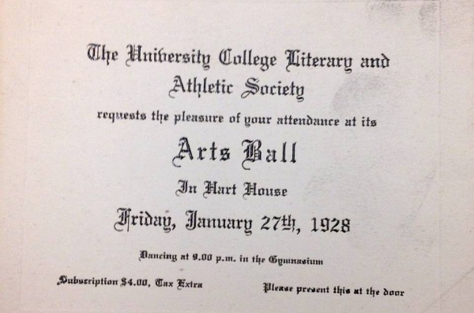 Printed invitation to "Arts Ball, In Hart House, Friday January 27th, 1928"