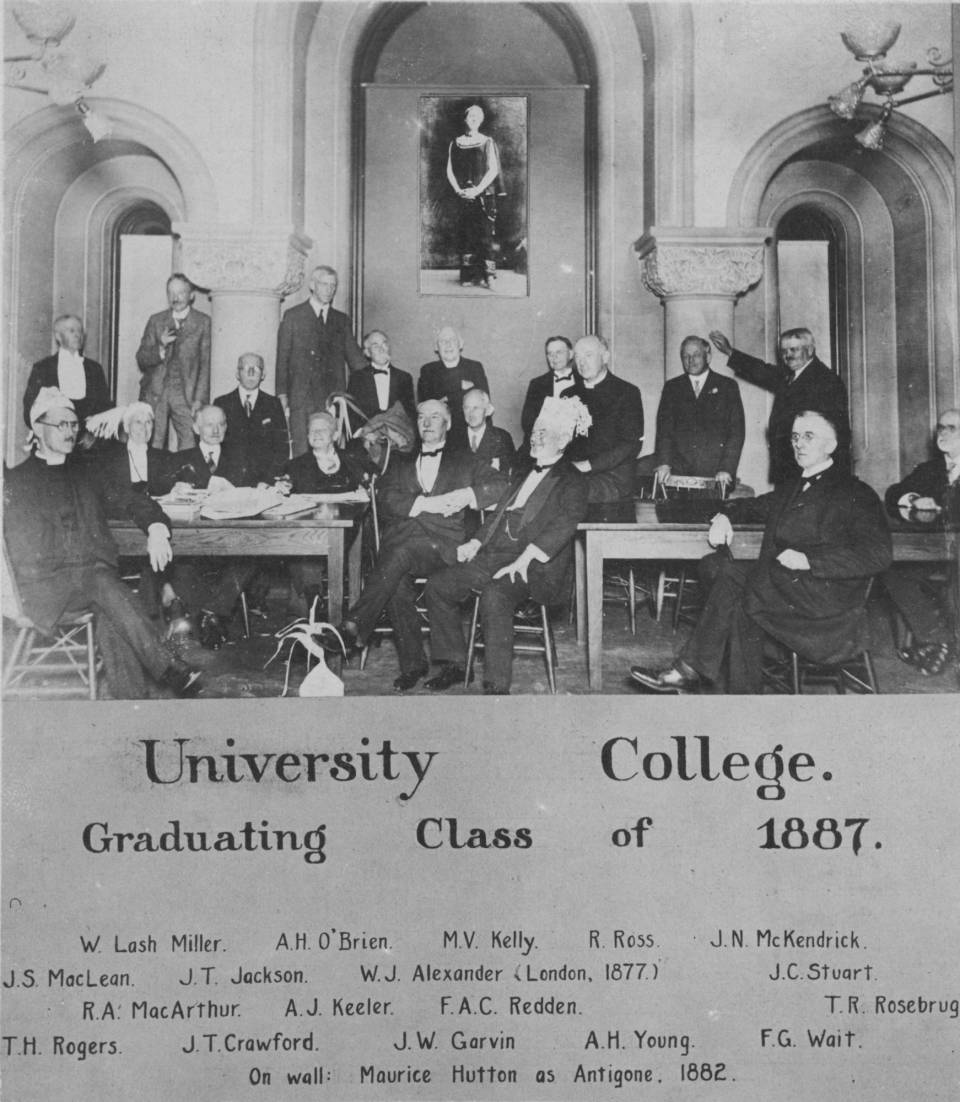 About twenty older men in suits, with names handwritten under the heading "University College Graduating Class of 1887"
