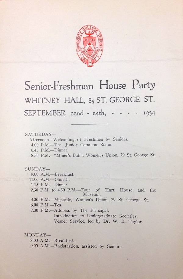 Document showing schedule for "Senior-Freshman House Party, Whitney Hall, 85 St. George St., September 22nd - 24th, 1934"