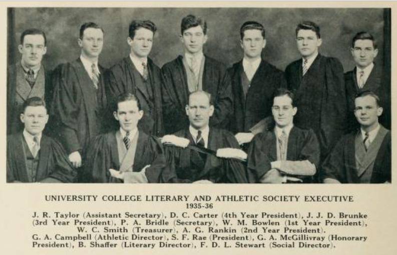 Twelve men in academic robes, with the caption "University College Literary and Athletic Society Executive 1935-36"