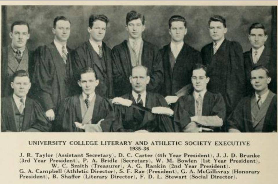 Twelve men in academic robes, with the caption "University College Literary and Athletic Society Executive 1935-36"