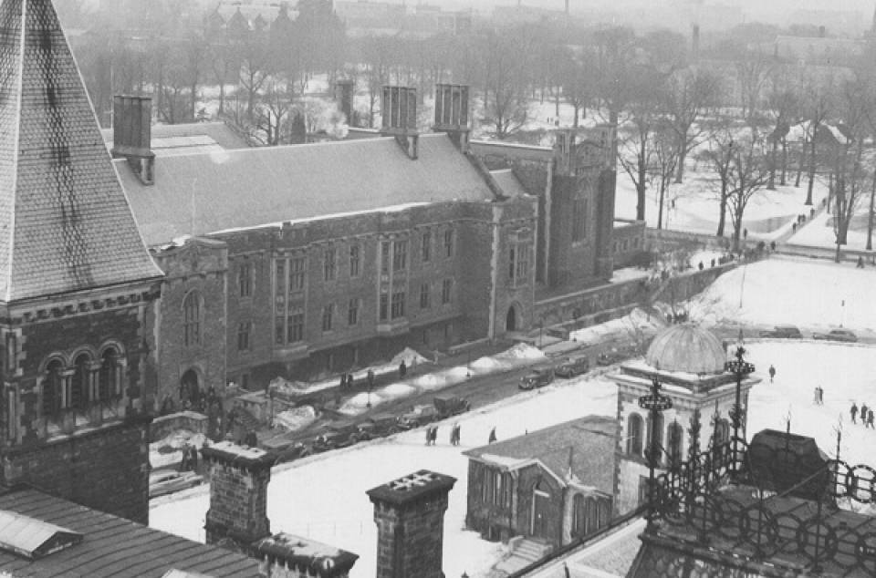 Aerial photo of campus with Queen's Park in distance