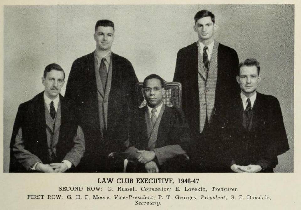 five men in academic robes with caption "Law Club Executive, 1946-47" and names