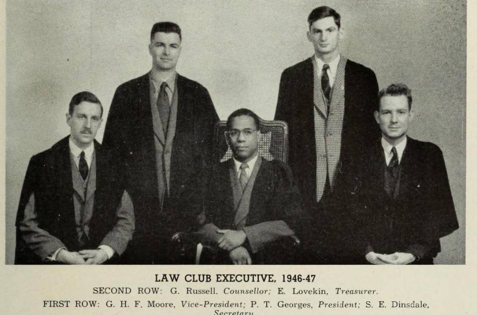 five men in academic robes with caption "Law Club Executive, 1946-47" and names