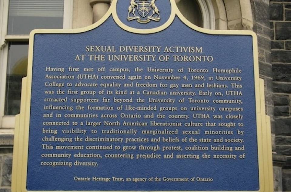 plaque headed "Sexual Diversity Activism at the University of Toronto"