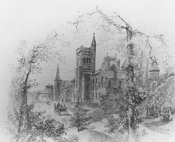 Drawing of University College with horse-drawn carriage in front