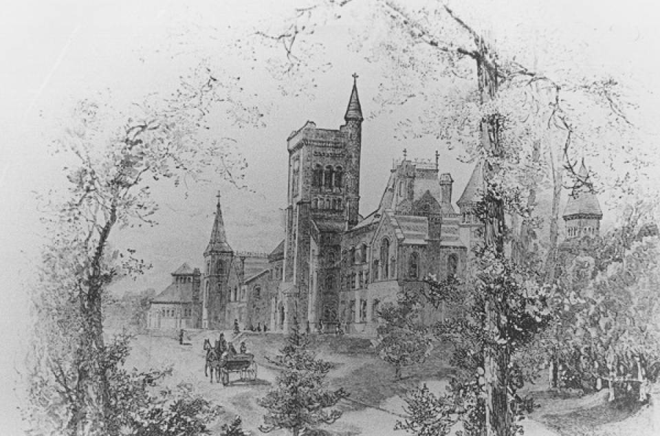 Drawing of University College with horse-drawn carriage in front