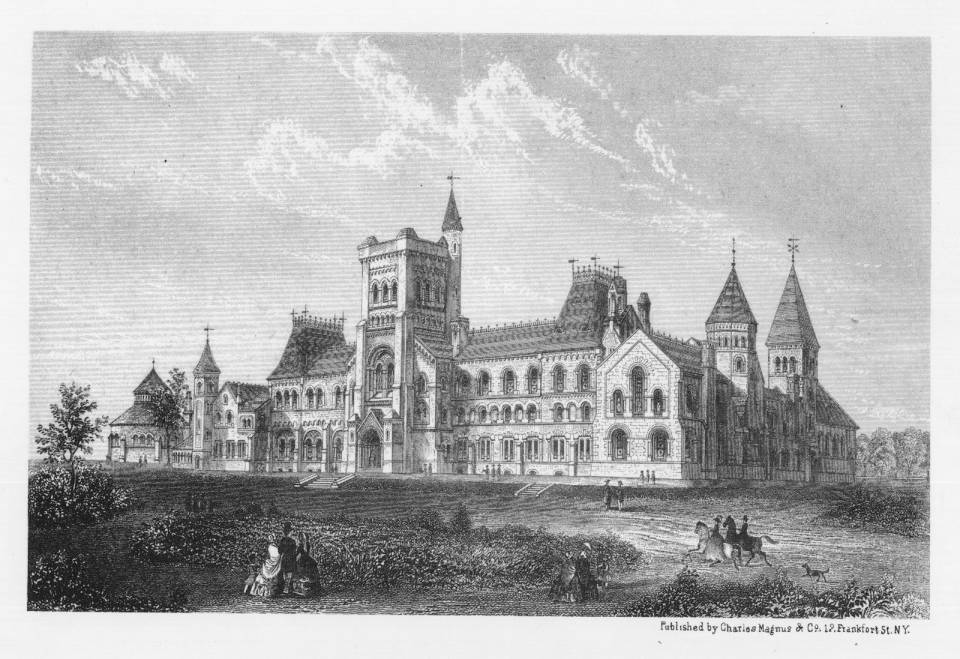Drawing of University College, with people on the grounds in front