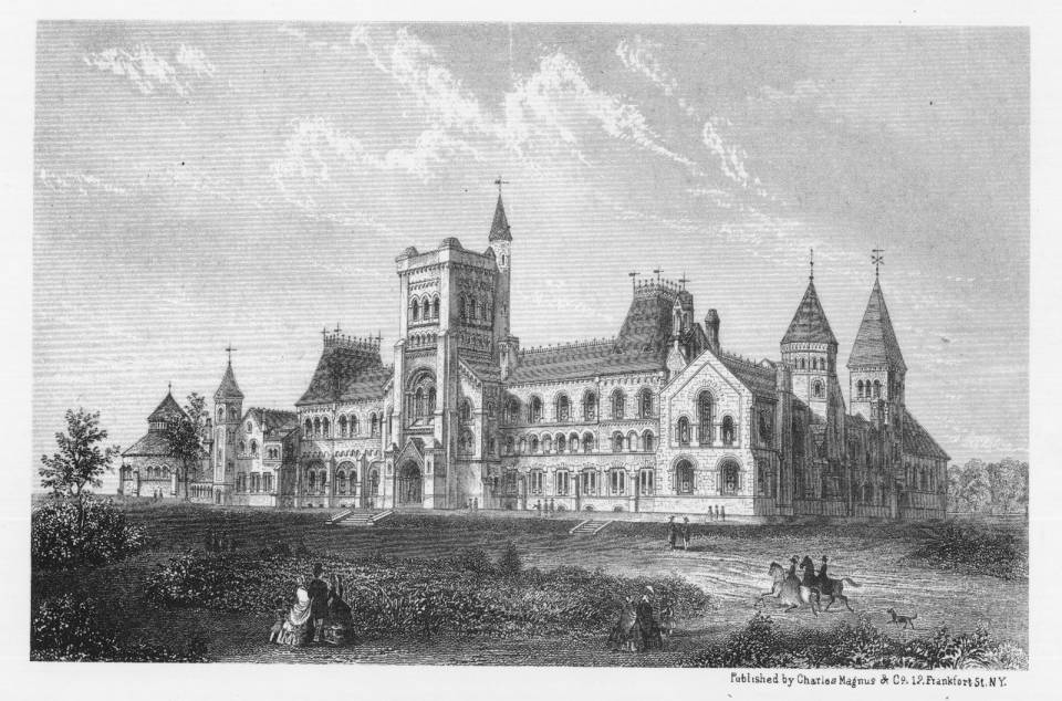 Drawing of University College, with people on the grounds in front