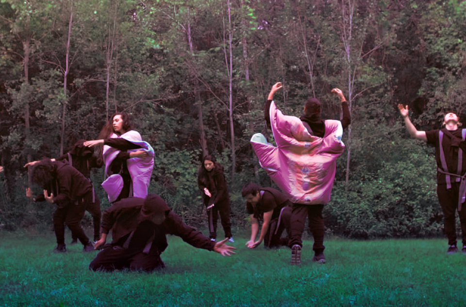 A group of people doing performance art in forest