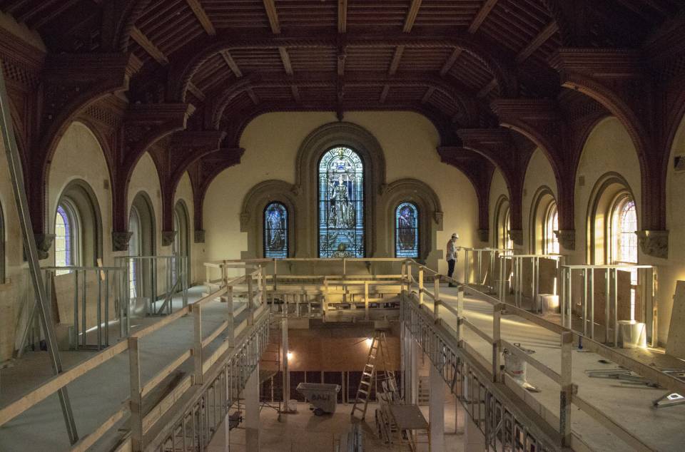 View of mezzanine construction in East Hall of University College