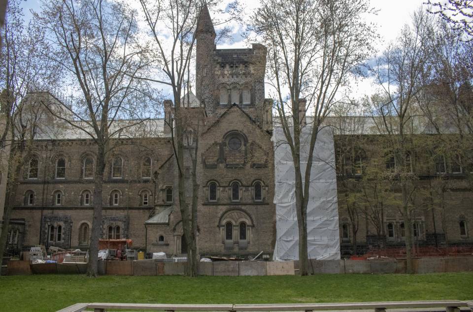 View of UC quad, facing south. New elevator in view.