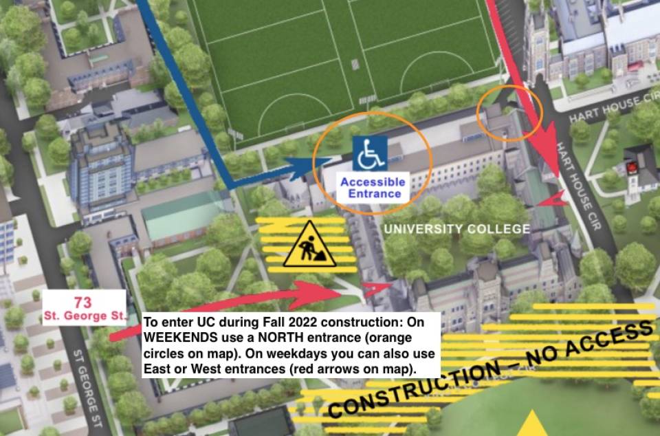 map showing location of building entrances during construction
