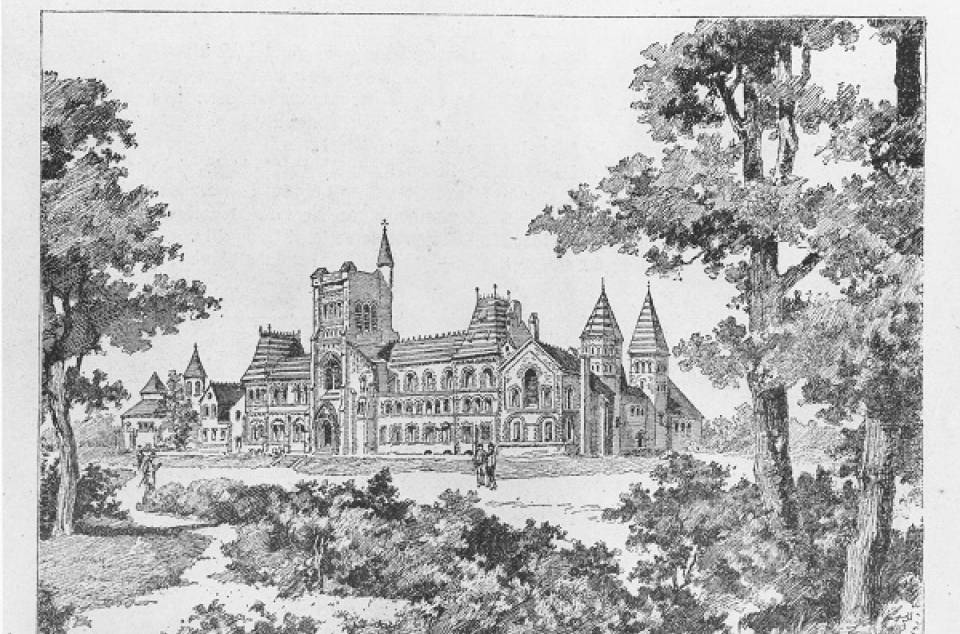 Drawing of University College in "LE PETIT FRANCAIS ILLUSTRE" with caption "Aspect extérieur de l'Université de Toronto (Canada)"