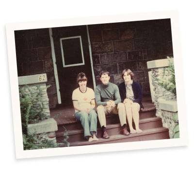 Photo of Janet Coutts Tieman,  Malcolm Coutts, and Christine Coutts Clement sitting on 