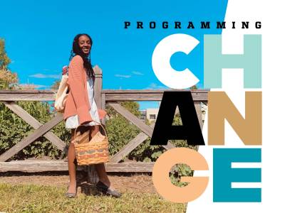 Sophia Abolore standing on a bridge with a basket beside Programming Change title