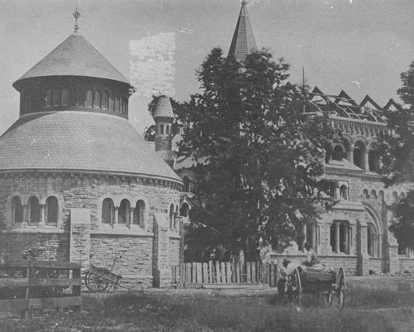 Croft Chapter House and partially constructed building with carriage and two men in front