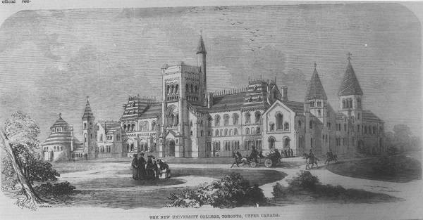 Drawing of University College with people chatting, a horse-drawn carriage, and two people on horseback