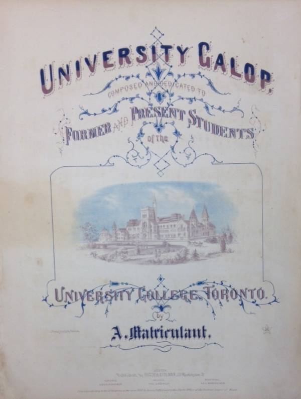 Cover of song sheet with title "University Galop", dedication, and drawing of University College