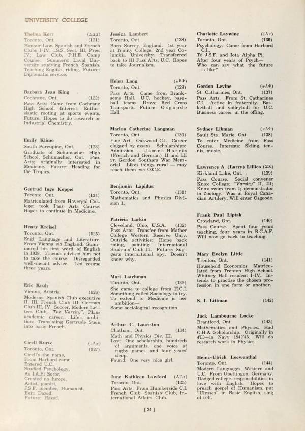 Yearbook page with more than 20 names and descriptions of graduating students
