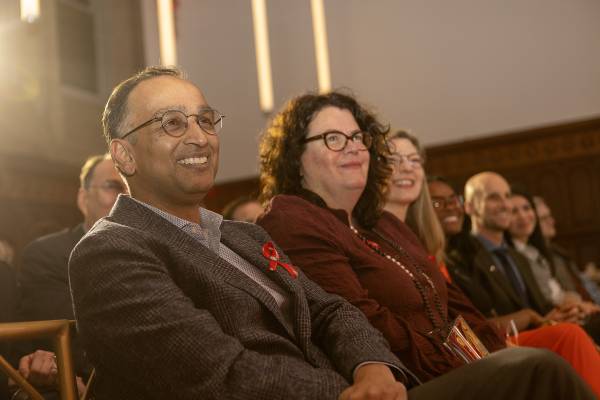 A row of AOI winners watching the awards, including Rajiv Singal, Julie Drolet and Maev Beaty