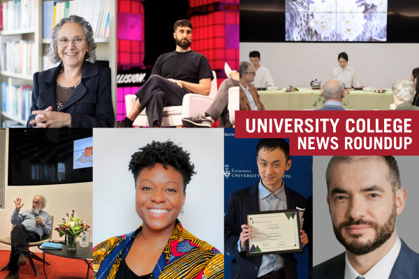 Collage of several UC members doing various activity with "Monthly News Roundup" text