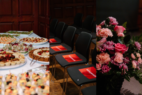 composite of food, chairs and flowers
