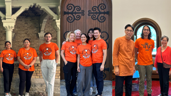 people in orange shirts, three pictures in a collage side by side