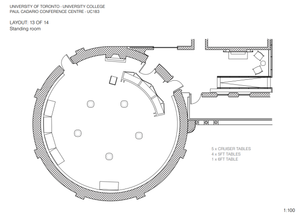 floorplan of paul cadario conference centre in standing reception configuration