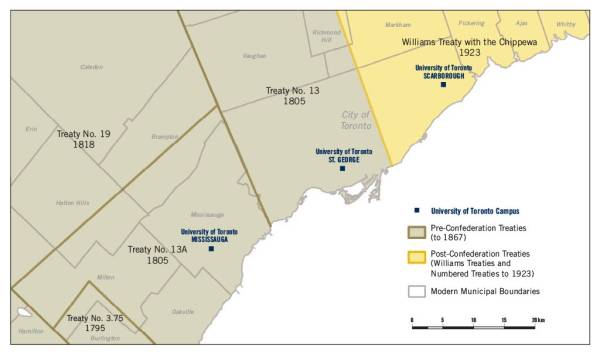 Map of Toronto describing which treaty territories the University of Toronto campuses reside in. University of Toronto St. George campus resides in Treaty No. 13 territory.