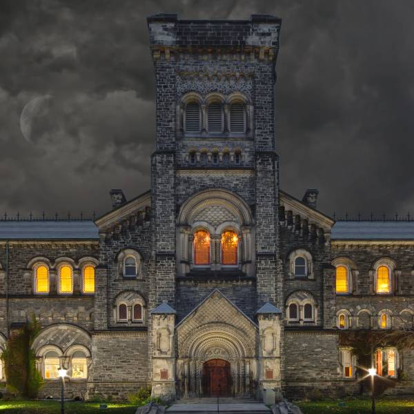 Spooky UC building enterance at night