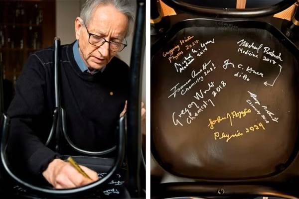 Hinton signs chair at Nobel Prize Museum’s restaurant