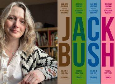 headshot of sarah stanners beside spine of Jack Bush composites