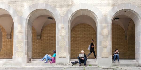 Students working in Courtyard